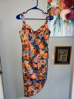 Cider Asymmetrical Floral Dress in Orange and Purple